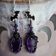 Load image into Gallery viewer, Amethyst Coffin Earrings with Bats
